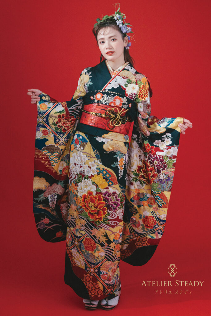 黒地 道長取天井桶牡丹