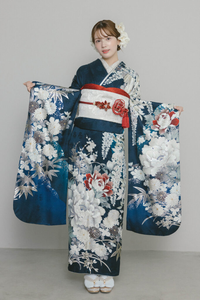 紅白牡丹に藤の花 ネイビー